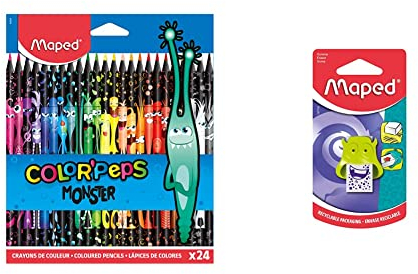 Maped 862624 - ergonomische Drei-Kant-Buntstifte, Farbstifte COLOR'PEPS BLACK MONSTER - 24x Stifte & Radierer MONSTER - verschiedene Designs, farbig sortiert