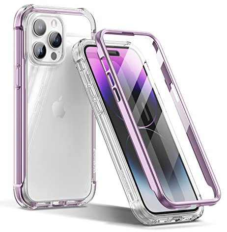 SURITCH Clear Cases for iPhone 14 Pro Max【Built in Screen Protector】 360 Full Body Protection Hard PC+Soft TPU Rubber Bumper Rugged Case Protector Cover for iPhone 14 Pro Max 6.7 Inch (Light Purple)