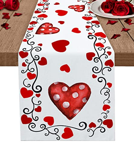Valentinstag Tischläufer 33 x 177,8 cm, Herz Blumen, Baumwolle Leinen Tischläufer Stoff, Kommode Schals, Valentinstag Tischdekorationen für Kaffee/Hochzeit/Urlaub/Party/Essen, Punkte