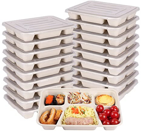 JAYEEY Sugarcane Fiber 40 oz 6 Compartments disposable plates with Lids Bagasse Plant Fibers Freezer Safe 25 Pack