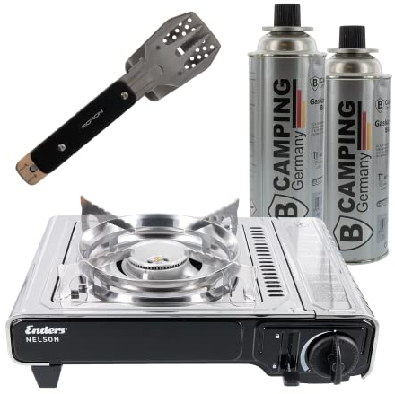 BOGAPRO Festival Set mit Enders Nelson Gaskocher 2200 Watt, 2x Butan Gaskartuschen B Camping Germany je 227 g, Roxon Multifunktionstool und BOGAPRO Aufkleber, für Camping und Festivals