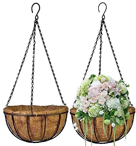 2 Pcs Suspension Panier Jardinière Pot de Fleurs avec Doublure en Fibre de Coco Support de Plante métallique Rond en Fil avec chaîne pour la décoration de Jardin extérieur à la Maison.