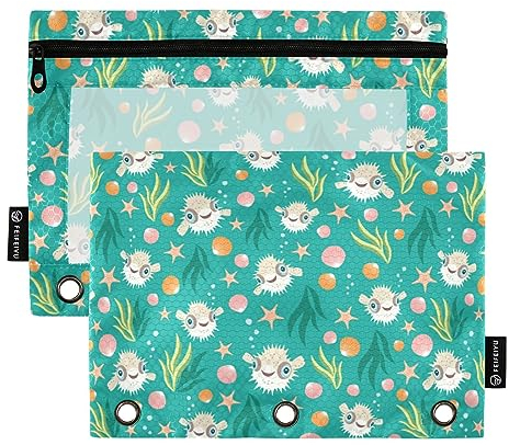 FRODOTGV Puffer Hawaiian Fish Seaweed Binder Pencil Pouches 3-Ring Binder Pockets 2 Pack Clear Pencil Case Zipper 3 Hole Binder for 3-Ring Binder