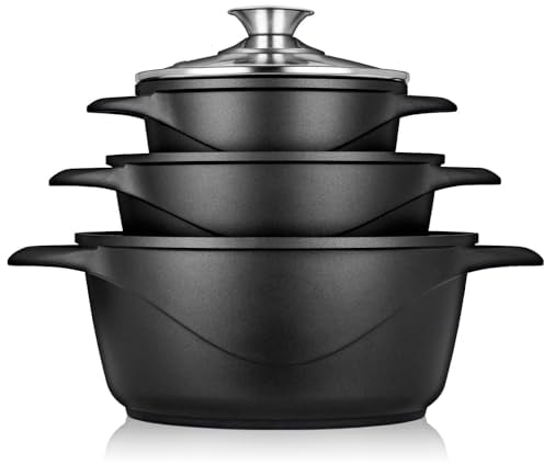 briebe Topfset Induktion 6-Teilig, Kochtopf Set 3 Töpfen aus Aluminiumguss, Antihaftbeschichtung ILAG GRANITEC ohne PFOA, Deckeln aus Glass, Topfhandschuhe Silikon, Glaskeramik, Gas, Ofen, MGK-18