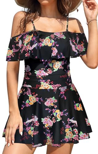 SHEKINI Maillot de bain une pièce pour femme - Dos nu - Jupe de bain plissée - Contrôle du ventre - Maillot de bain pour femme - Grande taille - Jupe de natation, Noir floral., L