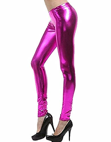 Fashion Mark Leggings da donna elasticizzati in vita effetto bagnato, da discoteca, in vinile metallizzato, taglia 40-58, rosa, 40-42