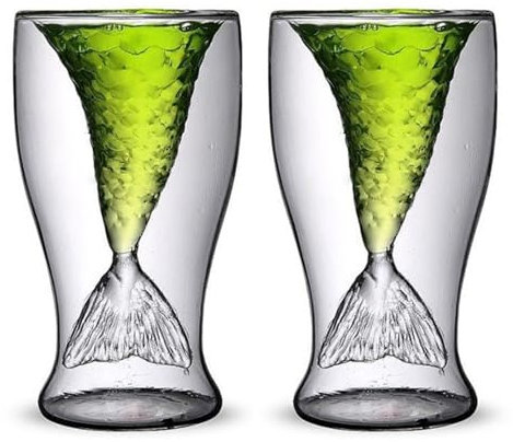 Confezione da 2 Bicchieri da Sirena da 90 Ml, Tazza a Coda di Sirena, Bicchiere a Doppia Parete in Vetro, Bicchierino da Sirena per Cocktail, Whisky, Birra, Regali a Forma di Sirena