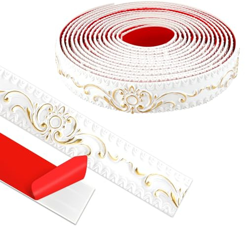 ZTVOWTO Wandleisten Selbstklebend, Deckenleisten Selbstklebend, 3D Deckenleisten Styropor füR Spiegelkanten, MöBel, TüRrahmen, Decken, Wohndekoration (Weiß mit Gold, 500cm*3.6cm)
