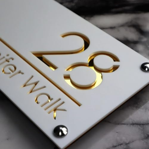 MXN Hausnummernschild mit Laserschnitt, personalisierbar, modernes Hausnummernschild, modernes 3D-Acryl, personalisierbar, Weißgoldfarben