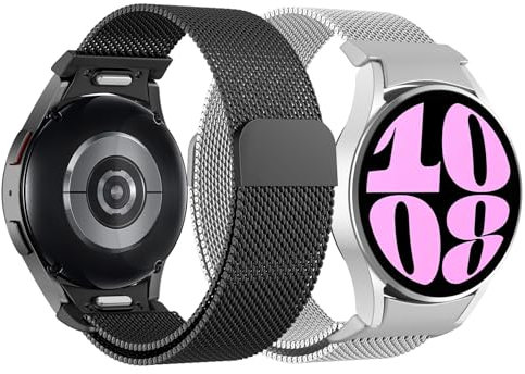 Astorgos Cinturino in Metallo Compatibile con Samsung Galaxy Watch 7 FE 6 5 4 40mm 44mm/Watch 6 4 Classic 43mm 47mm 42mm 46mm/Watch 5 Pro 45mm, Cinturino Magnetico in Maglia Milanese, Nero+Argento