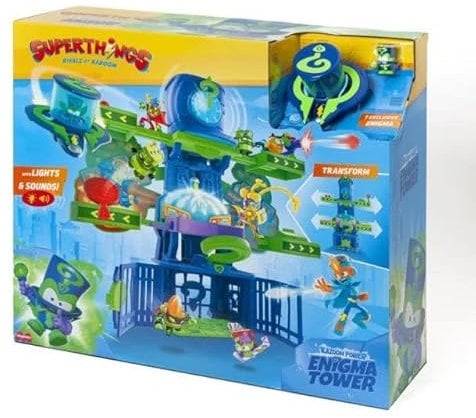 SUPERTHINGS KAZOOM Power – Enigma-Turm aus der Clan-TV-Serie Kazoom Power. Enthält 1 Enigma-Turm, 1 Exklusives Rätsel, 1 Flugzeug, 1 Gefängnis, 1 Katapult, 1 Auslöser und 3 Projektile