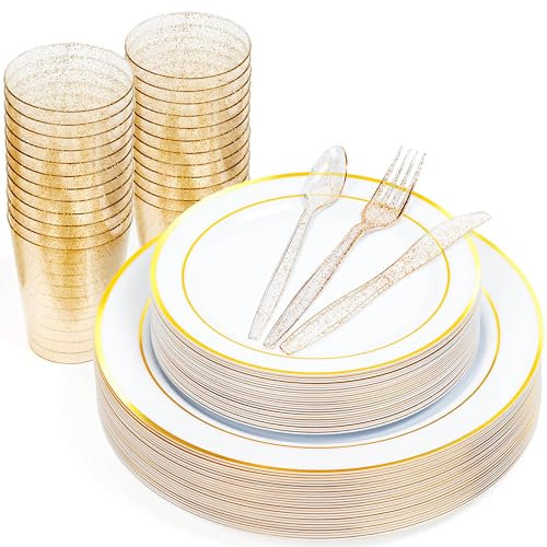 MATANA 150 Pcs Vaisselle Réutilisable en Plastique Blanc et Doré (25 Invités) – Assiettes Plates, Assiettes à Dessert, Gobelets et Couverts pour Mariages, Anniversaires et Fêtes
