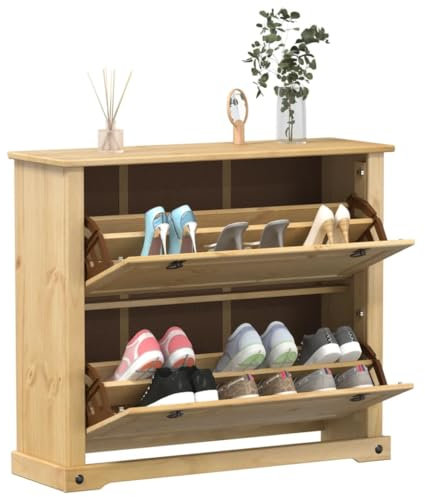 Gecheer Schuhschrank 2 Klappen, Schuhkipper, Schuhregal, Schuhaufbewahrung, Corona 99x32x85 cm Massivholz Kiefer