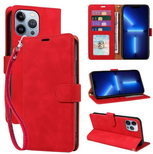 GOTOURED Wallet Phone Case for iPhone 13 Pro Max 6.7 inch, [RFID Blocking 4 Card Slots] [Wrist Strap] [Kickstand] Magnetic Closure Shockproof Protective Soft Leather Flip Cover (Red)