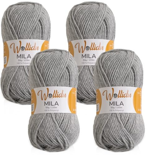 Wollidu Mila Garn zum Häkeln und Stricken 4 x 50g/133m Strickgarn 100% Polyacryl Häkelgarn Hellgrau