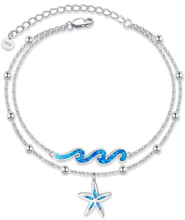 DAYLINLOVE Braccialetto a forma di stella marina, in argento Sterling 925, opale blu, con stelle marine e onde
