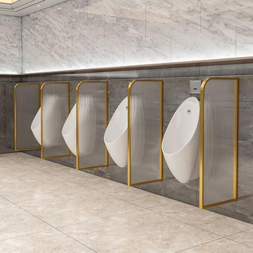 Brise-vue urinoir pour homme avec cadre en acier inoxydable et cloison décorative pour toilettes publiques. Idéal pour une utilisation dans les piscines et les restaurants. Disponible en couleur or