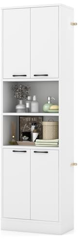 LIFEZEAL Badezimmerschrank 190 cm hoch, Platzsparender Hochschrank, Mehrzweckschrank Küchenschrank mit 2 offenen Regalen & 4 Türen, Schrank für Bad, Küche, Wohnzimmer (Weiß)