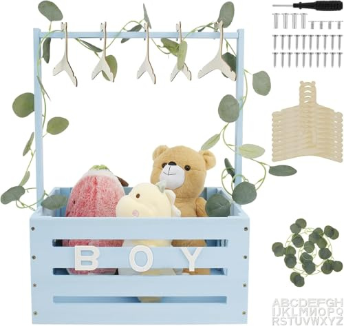Baby Shower Crate Closet with 10 Hangers & Green Garland, Wooden Baby Basket with Handle Baby Storage Crate Hamper Decorative Baby Clothes Rack for Newborn Baby Shower Pregnancy New Parent Gifts(blue)