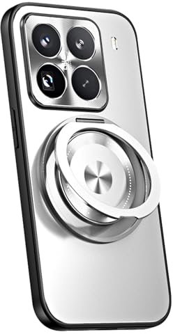 LUOTILAG Magnetisch Handyhülle für Xiaomi 15 Pro/15, Galvanik Militärischer Volls Objektivs Fallschutz mit Ring Halterung Hülle,Silber,15 Pro
