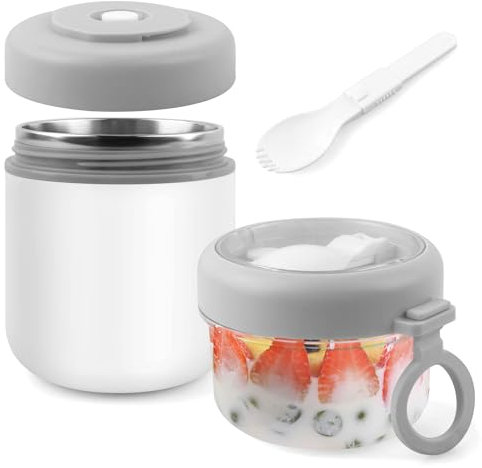 Acasimo Edelstahl Müslibecher to Go, 2-in-1 Joghurtbecher to Go Mit Löffel, 530ml+330ml Tragbarer Auslaufsicherer Müslibecher Geeignet für Gefrierschrank, Spülmaschine, Erwachsene(Weiß)