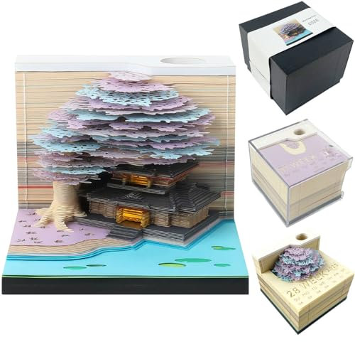3D Kalender Abreißen 2026,2026 Tischkalender-Notizblock mit Licht,2026 Tischkalender-Notizblock,Kreative Magic Baum Haftnotizen,Diy Desktop-Ornament für Schule,Zuhause,Büro (Tree House)
