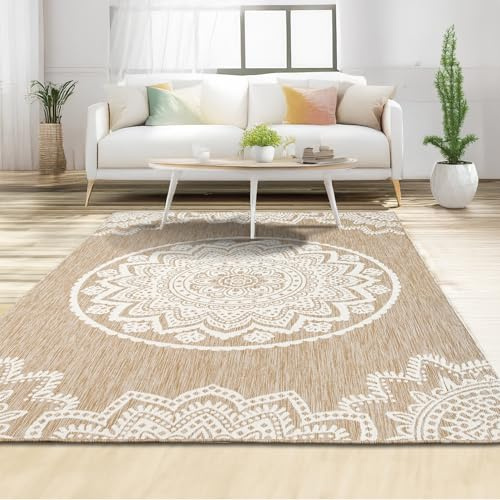 homeart Area Rugs – Durable, Stain-Resistant, Vibrant Geometric Design Carpets – Easy-Clean Rugs for Living Room, Kitchen, Entryway, or Bedroom – Mandala - Natural Cream - 120x170 cm