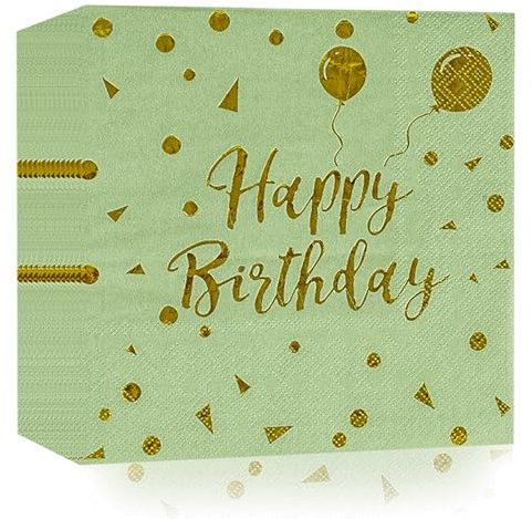 40 Stück Happy Birthday Salbeigrün Gold Geburtstag Servietten,33x33cm Papier Party Servietten für Mann Frau Mädchen Geburtstag Party Deko