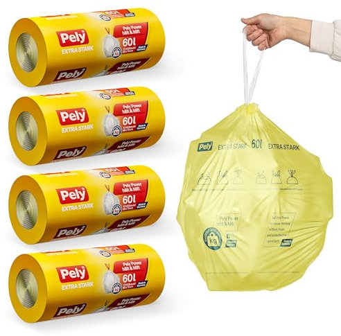 Pely Zugband Müllbeutel extra stark - Vorteilspack (4 x 10 Stück), gelb, für die Entsorgung von Restabfall (60 Liter) (60 Liter)