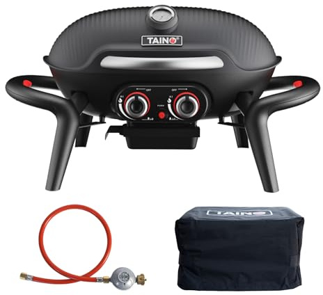 TAINO KENAI Gasgrill Set Abdeckhaube Gasruckregler Tischgrill Balkongrill Gas Outdoorküche Thermometer Aluguss Schwarz Camping