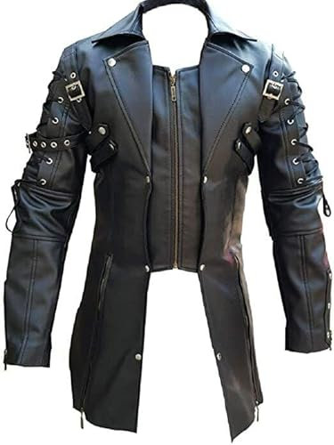 Gothic Black Leather Trench Coat, Long Steampunk Style with Buckles and Lace-up Sleeves, Men's Alternative Fashion Jacket (UK, Alpha, 3XL, Regular, Regular, Standard, Black)
