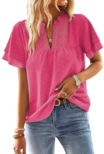 TUUHAW Chemisiers et Blouses Femme à Manches Courtes d'Été Col en V Tunique | Bohème Fluide Chemise, Élégant Lâche Plissé Blouse, Volants Décontracté T Shirt, Uni Hauts, Dentelle Blouse, d'Affaires Top
