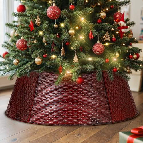 Lanpn Metall Weihnachtsbaum Kragen 70cm, Weihnachtsbaum Halsband Christmas Tree Collar Für Mittelgröße M Wetterfest Für Kunstbäume Innen Außen - Weihnachtsdekoration (Rot, Horizontales Weben)