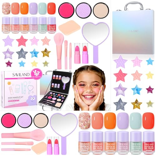 SAVILAND Schminkkoffer Mädchen Set: All-in-1 Kreativ Mädle Make Up Set Waschbar Schminkset mit Mädle Nagellack Lippenstift Rouge Weihnachts Geburtstags Geschenk Mädchen