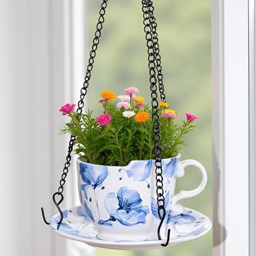 AMIEENOR Hängeampel Keramik, Blumenampel Hängend im Tassen-Design mit Untertasse, 16cm Hängende Pflanztöpfe mit Kette für Indoor & Outdoor, Retro Blaues Blumenmuster, Kerzenhalter Dekoration