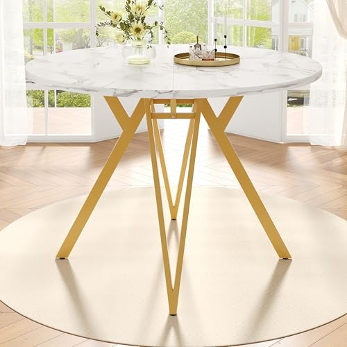 Merax Esstisch Runder 100cm, Moderner Küchentisch für 4-6 Personen, Esszimmertisch mit Stabile Goldene Metallbeine, marmorierte MDF-Tischplatte, Küchen-Esstisch für Wohnzimmer, Esszimmer, Büro