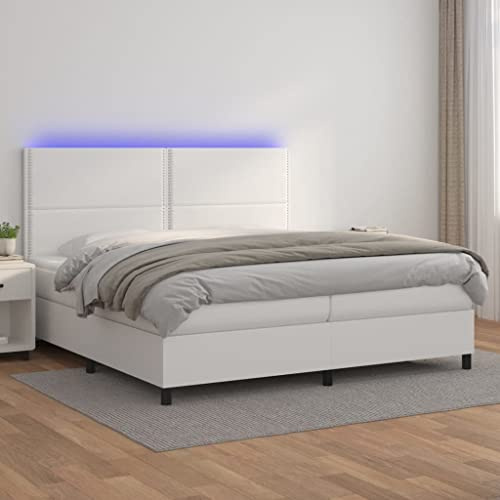Ziaphsol Boxspringbett mit Matratze & LED, Weißes Kunstleder 200x200 cm, Höhenverstellbares Kopfteil, Moderne Schlafzimmermöbel