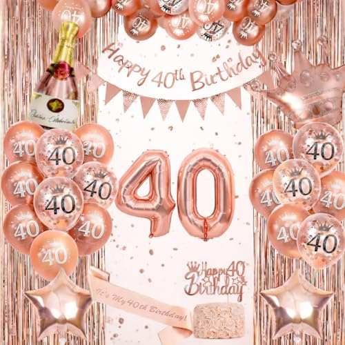 Omrel Rose Gold 40th Birthday Decoration for Women - Happy 40th Birthday Banner, Triangle Flag Banner, Number 40th Birthday Balloons, Foil Curtains for Party Decorations