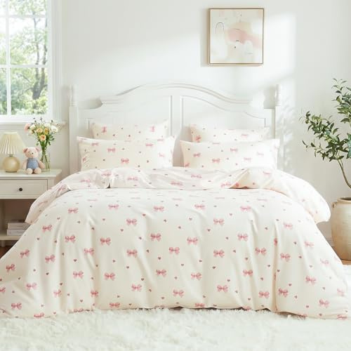 Nayoroom Bettwäsche Mädchen 140x200 Kinder Rosa Schleifen Kinderbettwäsche | Oeko-TEX, Microfaser, Bettbezug 140x200 cm + Kissenbezug 70x90 cm, Herzen, Reißverschluss