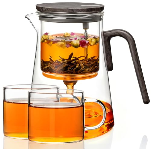 ZENS Magnetic Glass Teapot with Infuser and 2 Cups for Loose Leaf Tea | Magnetic Tea Infuser for Loose Tea, Mess-Free Tea Diffusers for Herbal Tea Lovers,Black Walnut Pattern