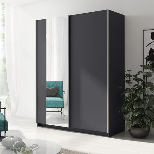 Home Collective Schwebetürenschrank Kleiderschrank Schrank mit Spiegel & Schiebetüren | viel Stauraum mit 4 Einlegeböden & Kleiderstange | modern Schlafzimmer Möbel | Graphit mit Spiegel | 150x198 cm