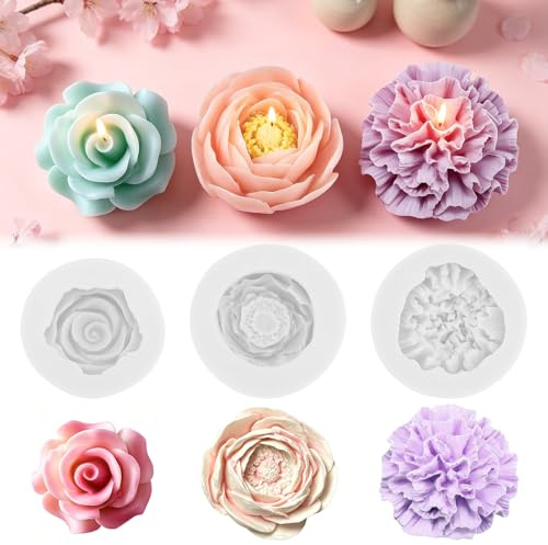 3 Stück Silikonformen Gießformen Blumen Set, 3D Silikonform für Kerzen Gips Seife, Rosen Pfingstrose Nelke Formen, Ideal für Duftsteine Resin Gießen & DIY Basteln