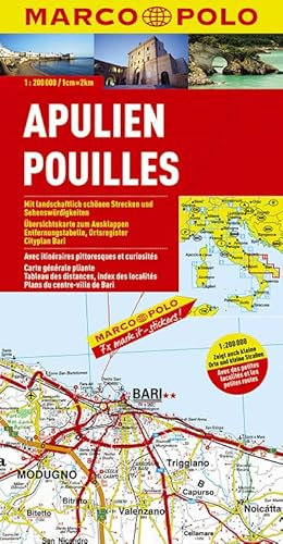 MARCO POLO Karten 1:200.000: MARCO POLO Karte Apulien: Mit landschaftlich schönen Strecken und Sehenswürdigkeiten. Übersichtskarte zum Ausklappen, Entfernungstabelle, Ortsregister, Cityplan Bari
