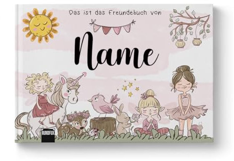 Personalisierbares Freundebuch für Kinder, Platz für 20 Freunde, Thema Elfen, Einhorn und Feen, A5 Hardcover | Rundfux®