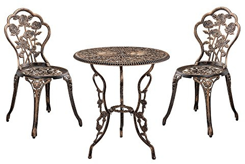 casa.pro Bistro Set Wakefield Balkonmöbel Set 3-teilig Outdoor Sitzgruppe aus Aluminiumguss mit Beinen aus Gusseisen runder Bistrotisch mit 2 Stühlen wetterfest Bronzefarben