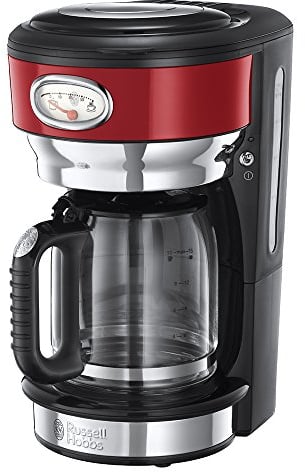 Russell Hobbs Cafetera de Goteo - Jarra Cristal 1,25L, Soporte de Filtro Lavable, Tecnología de Rociado Avanzada, Cuchara Medidora, Acero Inoxidable, Rojo
