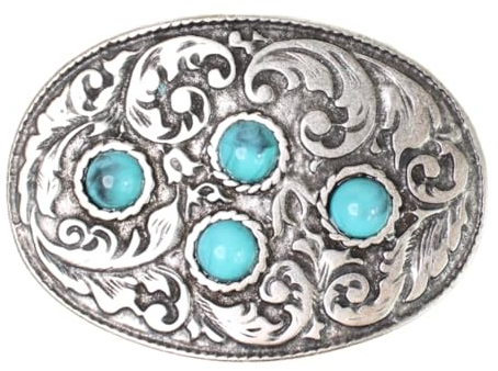 FRONHOFER Ovale Gürtelschnalle, türkise Zierteile, florale Verzierung, 4 cm, 18035, Größe:One Size, Farbe:Silber