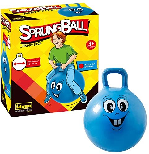 Idena 40094 - Sprungball Happy Face in blau, Durchmesser ca. 45 - 50 cm, belastbar bis 50 kg, perfekt für Sommer, Park oder Kindergarten