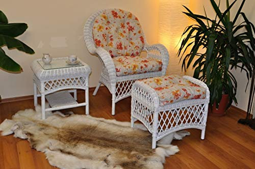 Rattan Ohrensessel, Rattansessel, Relaxsessel, Hochlehner mit Hocker und Beistelltisch Korbfarbe : weiß Lackiert