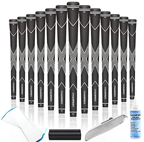 CHAMPKEY Traction-X Golf Grips Set of 13 - Choose Between 13 Grips with 15 Tapes and 13 Grips with All Repair Kits (Black&White(All Repair Kits Included), Midsize)